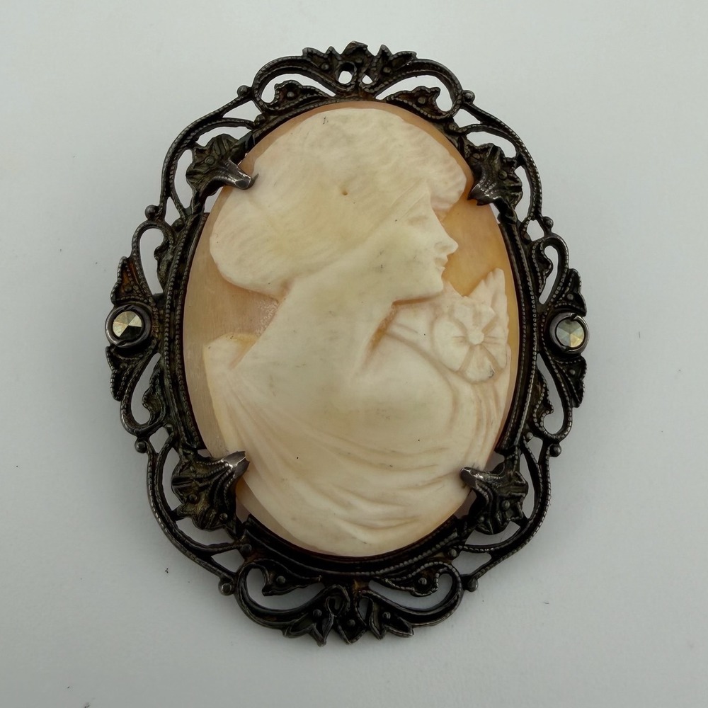 Vintage Sterling Silver Shell Cameo Brooch Marcasite Filigree Art Deco Pendant